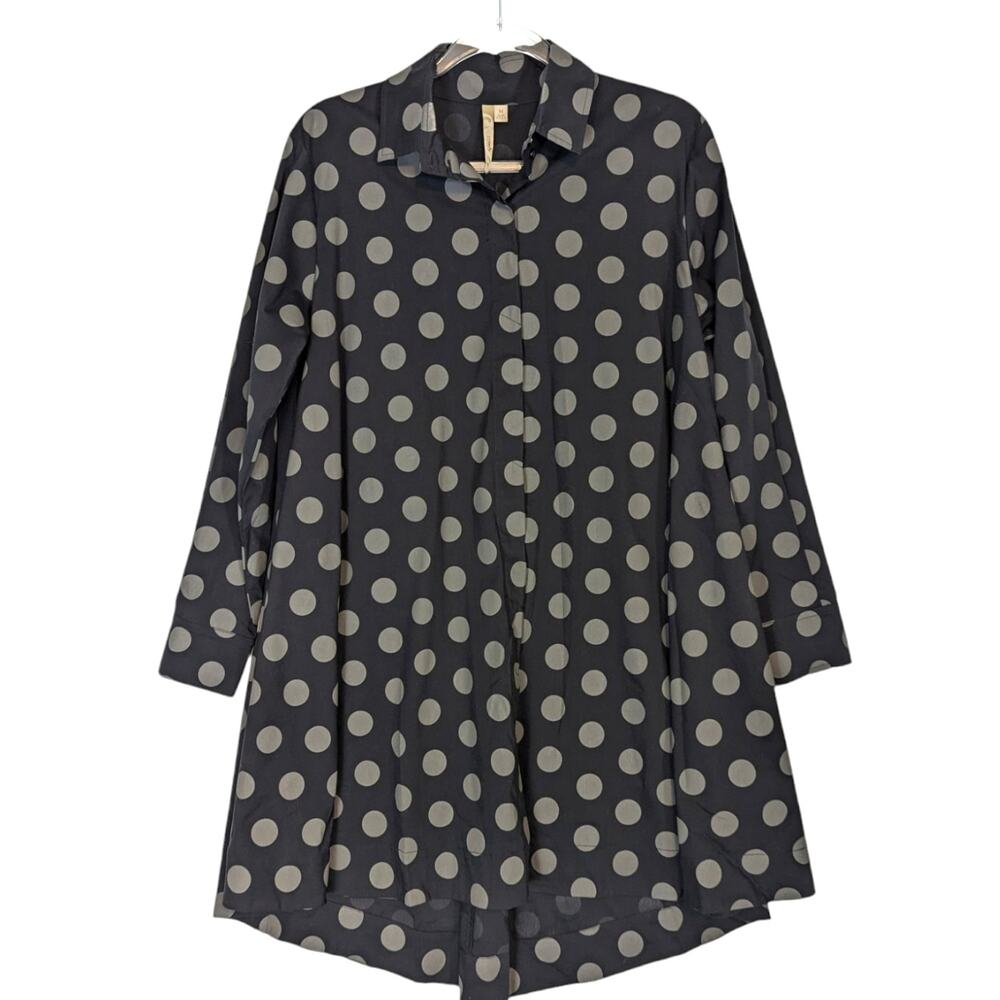 Comfy USA Women's Black Gray Polka Dot Shirt Dress Zip Back Design Art to Wear M